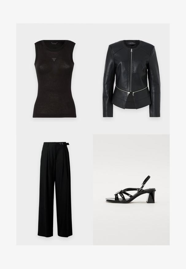 Čierna kožená bunda s okrúhlym výstrihom, predným zipsom a štruktúrovaným dizajnom. Obsahuje dve zipsové vrecká na páse a zdobenie švov.; Guess ANITA EMBELLISH ME - Top - jet black; Čierne široké nohavice s vysokým pásom, skladmi vpredu a opaskom s prackou. Vyrobené z hladkej, ľahkej textílie.; Čierne lakované kožené sandále na vysokom opätku s otvorenou špičkou, širokými remienkami, nastaviteľnou prackou a geometrickým blokovým opätkom.