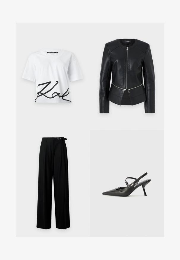 Black leather jacket with a round neckline, front zipper, and structured design. Features two zipper pockets at the waist and seam detailing.; White cropped t-shirt with a v-neck and short sleeves. Features a large black cursive logo across the lower front. Made of cotton.; Black wide-leg trousers with a high waist, pleats at the front, and a belt featuring a buckle. Made from smooth, lightweight fabric.; Black leather slingback heels with a pointed toe, slender heel, and decorative buckle detail on the vamp. Smooth texture and sleek design.