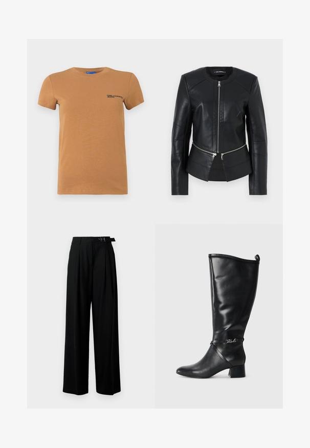 Must mustnahast jakk ümmarguse kaelusega, ees tõmblukuga ja struktuurse kujundusega. Omab kahte tõmblukuga taskut vööl ja õmblusdetailidega.; Lühikeste varrukatega beež crewneck t-särk, mille vasakule rinnaosale on trükitud "KARL LAGERFELD JEANS" logo.; Mustad kõrge vöökohaga mustad laiad püksid, millel on ees voldid ja vöö, millel on pandla. Valmistatud siledast ja kergest kangast.; Must muste kõrge must nahast king, millel on terav varvas, plokk-konts ja dekoratiivne rihm hõbedase logo asemel pahkluu juures. Sujuv tekstuur.