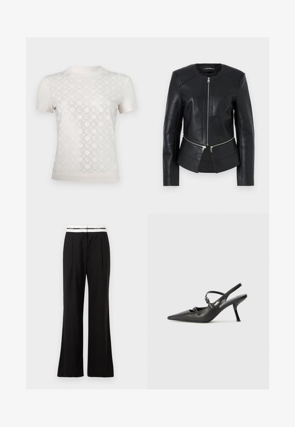 Svart läderjacka med rund halsringning, frontdragkedja och strukturerad design. Har två dragkedjefickor vid midjan och sömdetaljer.; Ljusbeige t-shirt med kort ärm, som har ett geometriskt mönster med utklippta detaljer, slät textur och rundad halsringning.; Svarta byxor med avslappnad passform, med en vit elastisk midja med varumärkeslogga. Tillverkade av ett mjukt tyg med en lätt lyster.; Svarta läderklackar med slingback, spetsig tå, smal klack och dekorativ spänndetalj på ovansidan. Slät struktur och stilren design.