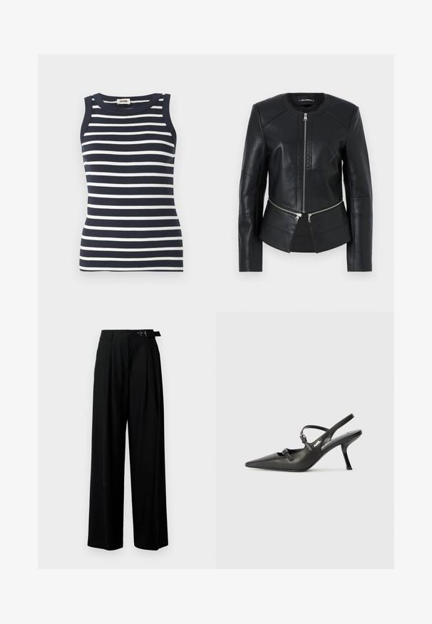 Black leather jacket with a round neckline, front zipper, and structured design. Features two zipper pockets at the waist and seam detailing.; Navy and white striped tank top made of ribbed fabric, featuring a round neckline and sleeveless design.; Black wide-leg trousers with a high waist, pleats at the front, and a belt featuring a buckle. Made from smooth, lightweight fabric.; Black leather slingback heels with a pointed toe, slender heel, and decorative buckle detail on the vamp. Smooth texture and sleek design.