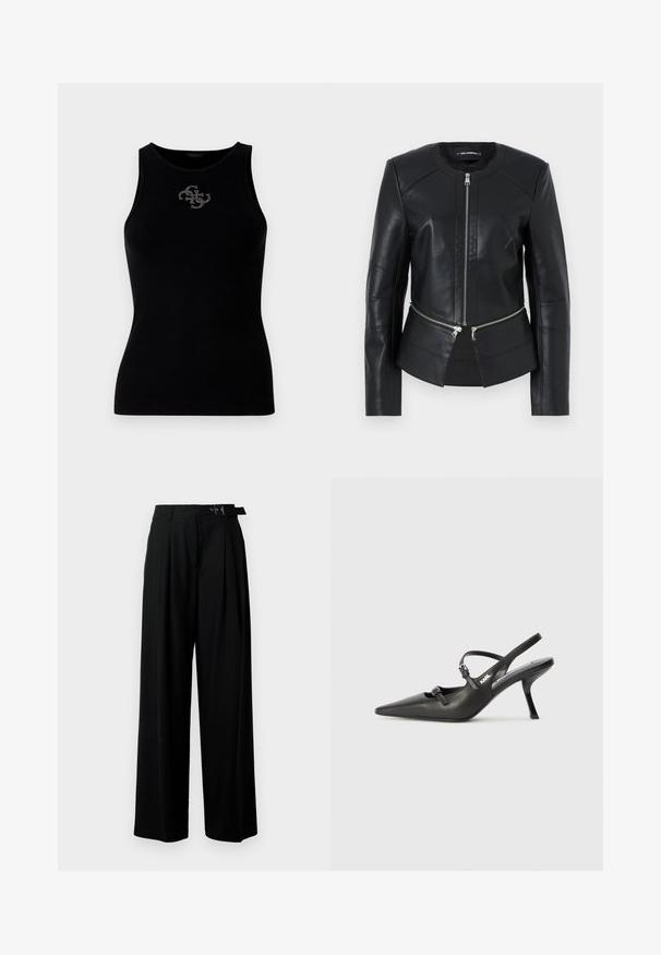 Crna kožna jakna s okruglim izrezom, prednjim zatvaračem i strukturiranim dizajnom. Ima dva zatvarača na džepovima u području struka i detalje na šavovima.; Crna rebrasta majica bez rukava s okruglim izrezom i logom ukrašenim srebrnim zakovicama sprijeda. Mekani, rastezljivi materijal.; Crne široke hlače s visokim strukom, nabranima sprijeda i remenom s kopčom. Izrađene od glatkog, laganog materijala.; Crne kožne štikle sa otvorenom petom, s uskim vrhom i dekorativnom kopčom na gornjem dijelu. Glatka tekstura i elegantan dizajn.