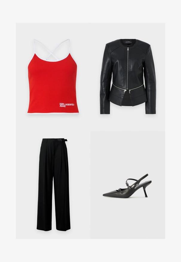 Čierna kožená bunda s okrúhlym výstrihom, predným zipsom a štruktúrovaným dizajnom. Obsahuje dve zipsové vrecká na páse a zdobenie švov.; Červený rebrovaný top na ramienkach s bielym lemovaním a krížovými popruhmi, na prednej strane s bielou vyšívanou logom "KARL LAGERFELD JEANS".; Čierne široké nohavice s vysokým pásom, skladmi vpredu a opaskom s prackou. Vyrobené z hladkej, ľahkej textílie.; Čierne kožené slingback topánky na vysokom podpätku s ostrou špicou, štíhlym podpätkom a dekoratívnym detailom s prackou na priehlavku. Hladká textúra a elegantný dizajn.