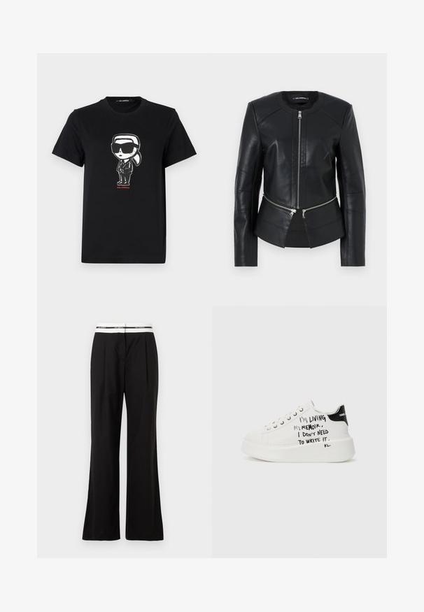 Black leather jacket with a round neckline, front zipper, and structured design. Features two zipper pockets at the waist and seam detailing.; Black cotton t-shirt featuring a graphic of a figure in sunglasses and suit. Simple crew neck design with short sleeves. Red text below.; Black trousers with a relaxed fit, featuring a white elastic waistband with branding. Made of smooth fabric with a slight sheen.; White platform sneakers with black accents, featuring a textured sole and handwritten text on the sides. Smooth leather material.