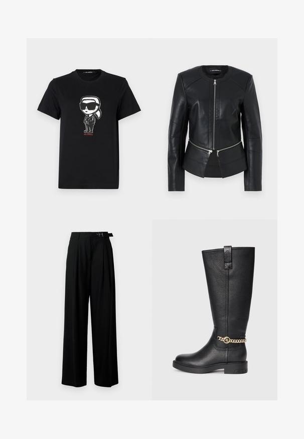 Sort læderjakke med rund udskæring, frontlynlås og struktureret design. Har to lynlås-lommer ved taljen og sømdetaljer.; Sort bomulds t-shirt med et grafik af en figur i solbriller og jakkesæt. Enkel crew neck design med korte ærmer. Rød tekst nedenfor.; Sort vide-bein bukser med høj talje, læg foran og et bælte med spænde. Fremstillet af glat, let materiale.; Sort læder knæhøj støvle med en struktureret finish, der har en dekorativ guldkæde-accent og en flad gummisål.