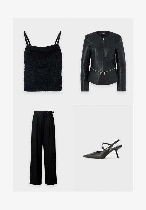 Mustat nahkatakki, jossa on pyöreä kaulus, edessä vetoketju ja muotoiltu malli. Sisältää kaksi vetoketjullista taskua vyötäröllä ja saumat yksityiskohtia.; Musta pörröinen kangas toppi ohuiden hihnojen kanssa. Rakeinen pinta, neliön muoto ja kevyt rakenne. Yksinkertainen, monochrominen väriteema.; Mustat leveät housut korkealla vyötäröllä, etuosassa laskokset ja soljellinen vyö. Valmistettu sileästä ja kevyestä kankaasta.; Mustat nahkaiset slingback-korkokengät, joissa on terävä kärki, hoikka korko ja koristeellinen solkityyny varpailla. Tasainen pinta ja tyylikäs muotoilu.