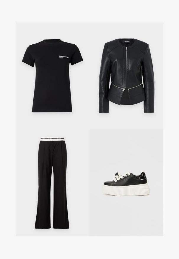 Mustat nahkatakki, jossa on pyöreä kaulus, edessä vetoketju ja muotoiltu malli. Sisältää kaksi vetoketjullista taskua vyötäröllä ja saumat yksityiskohtia.; Mustaan t-paita, joka on valmistettu puuvillasta; siinä on lyhyet hihat, pyöreä pääntie ja valkoinen logo vasemmassa rinnan kohdalla. Sileä rakenne.; Mustat housut rentoa mallia, joissa on valkoinen joustokiristys vyötäröllä, brändäys näkyvissä. Valmistettu sileästä kankaasta, jossa on kevyt kiilto.; Mustat nahkasneakerit paksulla valkoisella urheilupohjalla, joissa on valkoiset nauhat ja koristeellinen nauhaakkina kielessä.