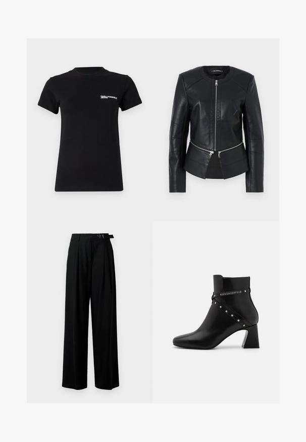 Czarna skórzana kurtka z okrągłym dekoltem, zamek błyskawiczny z przodu oraz strukturalnym fasonem. Posiada dwie kieszenie na zamek w talii oraz detale szwowe.; Czarny t-shirt z bawełny; ma krótkie rękawy, okrągły dekolt i biały logo na lewej klatce piersiowej. Gładka tekstura.; Czarne spodnie szerokie w nogawkach z wysokim stanem, z plisami z przodu oraz paskiem z klamrą. Wykonane z gładkiego, lekkiego materiału.; Czarne skórzane botki za kostkę z wąskim czubkiem i blokowym obcasem. Posiadają dekoracyjny pasek z srebrnymi ćwiekami oraz detal z logo. Gładkie wykończenie.