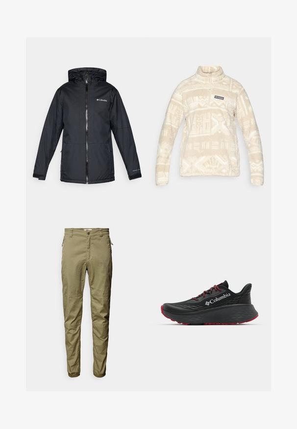 Casaco impermeável com capuz da Columbia, na cor preta, com fecho frontal, punhos ajustáveis e logotipo no peito e na manga.; Pullover de lã com pelo em creme, apresentando um design de meia-zíper, gola alta e padrões geométricos em um tom mais claro; inclui um emblema no peito.; Calças verde-oliva feitas de um tecido leve, com bolsos frontais, um detalhe em zíper na lateral e punhos elásticos.; Shoe atlético preto com parte superior texturizada, atacadores vermelhos e logótipo. Sola espessa com padrão para tração. Design minimalista, vista lateral.