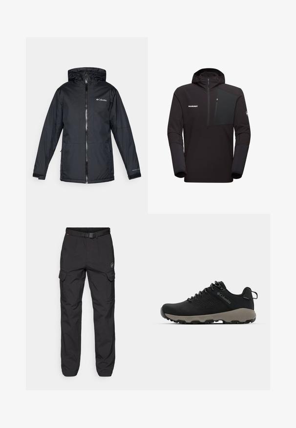 Svart Columbia vattentät jacka med huva, framdragkedja, justerbara ärmslut och logotyp på bröstet och ärmen.; Svart huva jacka med en dragkedja bröstficka, gjord av texturerad tyg, med kontrasterande helt svarta ärmar och en logotyp på framsidan.; Svarta cargobyxor med bälte, flera sidofickor och en logotypapplikation. Tillverkade av hållbart material med en slät yta.; Svart vandringsskor med en slät överdel, perforerat mönster, grå sula och förstärkt häl. Har snörning och en dragflik för enkel påtagning.