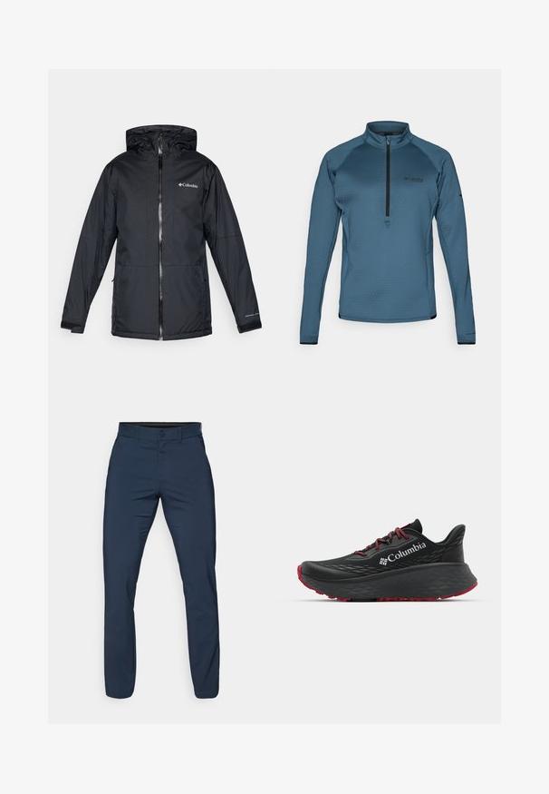 Juodas Columbia vandeniui atsparus jaqueta su kapišonu, priekyje su užtrauktuku, reguliuojamais rankogaliais ir logotipu ant krūtinės bei rankovės.; Columbia CRYSTAL LEAF™ HELIX HALF ZIP - Sportinis megztinis - everblue/black; Tamsiai mėlyni chinosai, pagaminti iš lygios medžiagos, su plokščiu priekiniu paviršiumi, diržo kilpomis ir šoniniais kišenėmis, pritaikyti ir siaurėjančiais kojomis.; Juodas sportinis batelis su tekstūruota viršutine dalimi, raudonais raišteliais ir logotipu. Storas padas su raštuotu protektoriu traukai. Minimalistinis dizainas, šoninis vaizdas.