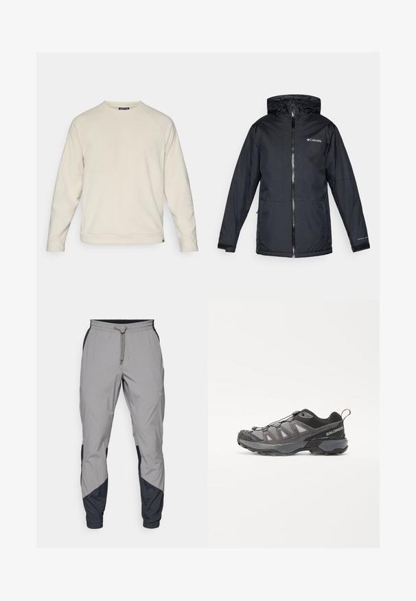 Svart Columbia vanntett hettejakke med frontglidelås, justerbare mansjetter og logo på brystet og ermet.; Lys beige genser med rund hals, raglanermer og teksturert stoff. Sømmen er noe croppet med en logo på siden.; Lettvektige, grå treningsbukser med svarte detaljer. Elastisk midjebånd, snøring, tapered benedesign og sidelommer.; Sportsko sko med et strømlinjeformet design, grå syntetisk overdel med mesh-paneler, svarte detaljer og gummisåle med utpreget grep.