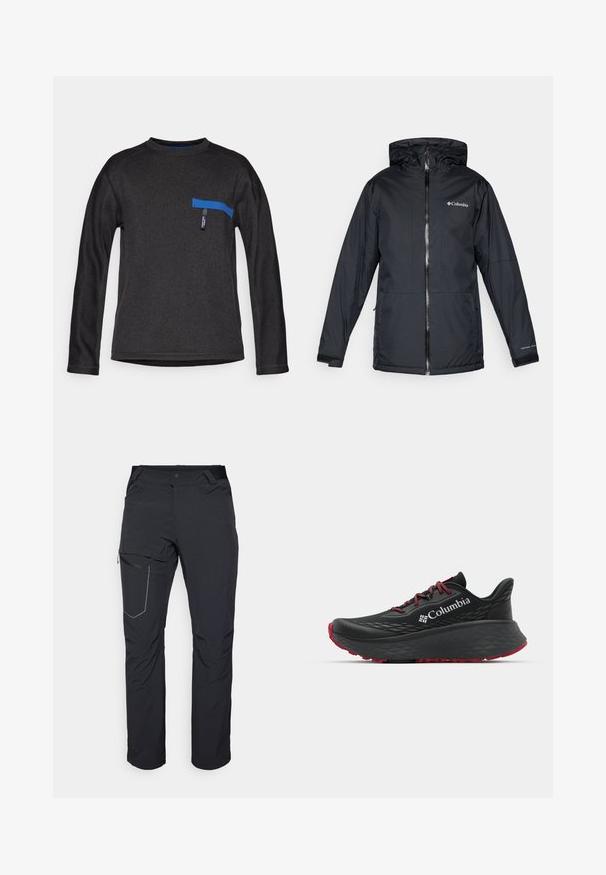 Fekete Columbia vízálló kapucnis dzseki elülső cipzárral, állítható mandzsettával, valamint logóval a mellkason és az ujjon.; Fekete, hosszú ujjú póló kerek nyakkivágással, kék vízszintes zsebfogással és texturált anyaggal. Egyszerű, mintás design nélkül.; Fekete kültéri nadrág, cipzáras combzsebbel, rugalmas derékrésszel és sima, vízlepergető szövettel. Tiszta dizájn, látható logók nélkül.; Fekete sportcipő texturált felsőrésszel, piros fűzőkkel és logóval. Vastag talp, mintás járófelülettel a tapadásért. Minimalista dizájn, oldalnézet.