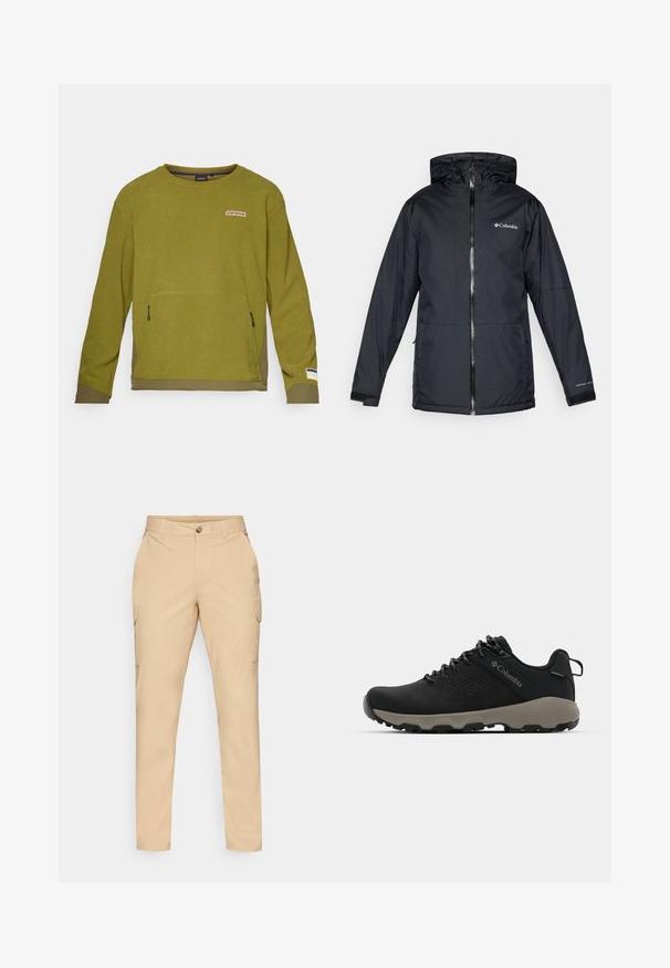 Crna vodootporna jakna s kapuljačom Columbia sa prednjim zatvaračem, podesivim manžetama i logotipom na prsima i rukavu.; Maslinasto zeleni dukserica dugih rukava s teksturiranim materijalom, s prednjim dzepom, logom iznad i kontrastnom donjom ivicom.; Bež cargo hlače sa zatvaranjem na dugme, uskog kroja, bočnim džepovima i glatkom mješavinom pamuka. Nema vidljivih uzoraka ili akcenata.; Crne planinarske cipele s glatkim gornjim dijelom, perforiranim dizajnom, sivoj potplati i ojačanim petom. Sadrže vezice i petlju za lakše oblačenje.