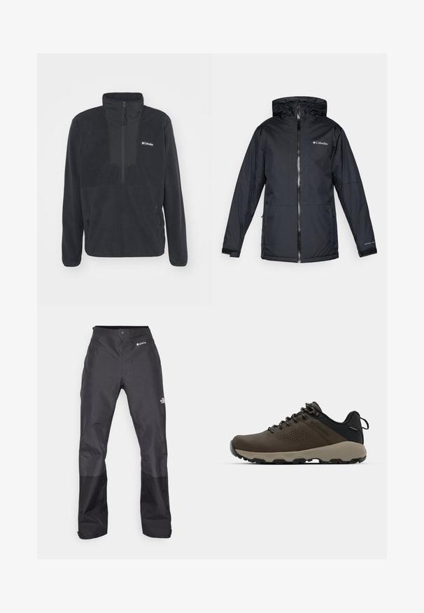 Black Columbia waterproof hooded jacket with front zipper, adjustable cuffs, and logo on chest and sleeve.; Black fleece pullover with a half-zip collar, two side zip pockets, and a logo on the chest. Features a smooth texture and fitted sleeves.; Black waterproof pants with a smooth texture, featuring a GORE-TEX logo on the front, and reinforced lower legs for durability.; Brown waterproof sneakers with a textured upper, perforated accents, black heel support, and a grey rubber sole. Laces are styled with metallic ends.