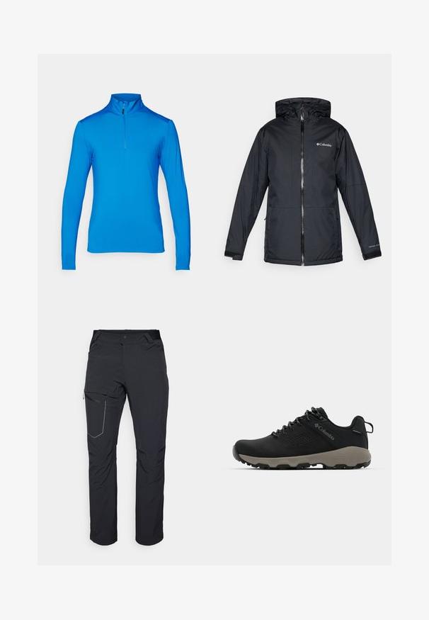 Veste à capuche imperméable noire Columbia avec fermeture éclair sur le devant, poignets ajustables et logo sur la poitrine et la manche.; T-shirt de sport bleu à manches longues et demi-zip, composé d'un tissu lisse et léger ; possède un col haut et des coutures plates.; Pantalon d'extérieur noir avec poche sur la cuisse zippée, taille élastique et tissu lisse, résistant à l'eau. Design épuré sans logos visibles.; Chaussure de randonnée noire avec une tige lisse, un design perforé, une semelle extérieure grise et un talon renforcé. Comprend des lacets et une languette pour un enfilage facile.