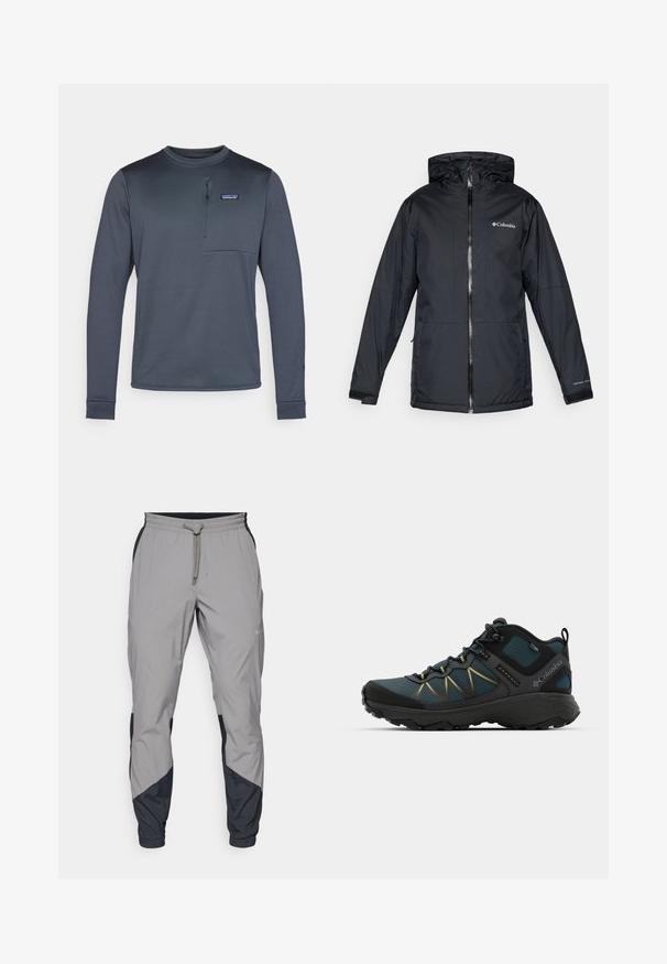 Casaco impermeável com capuz da Columbia, na cor preta, com fecho frontal, punhos ajustáveis e logotipo no peito e na manga.; Camisa sintética de manga longa, azul-marinho, com um colarinho redondo, bolso no peito e fecho de meio zíper. Textura suave e design justo.; Calças de treino leves e cinzentas com detalhes pretos. Cintura elástica, fecho com cordão, design de perna afunilada e bolsos laterais.; Shoe de caminhada azul escuro com detalhes em preto, parte superior em malha texturizada, costura amarela e sola robusta, ideal para atividades ao ar livre.