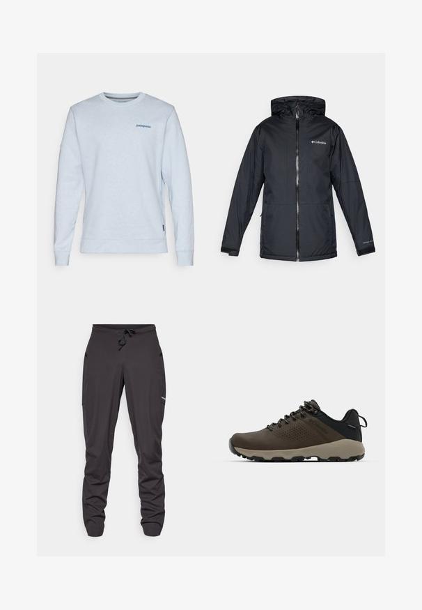 Casaco impermeável com capuz da Columbia, na cor preta, com fecho frontal, punhos ajustáveis e logotipo no peito e na manga.; Sweatshirt azul claro com decote redondo, mangas longas e um logótipo subtil no peito; feito de um tecido texturizado com punhos canelados.; Calças de atletismo pretas com cordão na cintura, bolsos laterais, tecido ligeiramente amarrotado e um pequeno logótipo visível na coxa direita.; Ténis impermeáveis castanhos com um upper texturizado, detalhes perfurados, apoio para o calcanhar preto e uma sola de borracha cinza. Os atacadores têm extremidades metálicas.