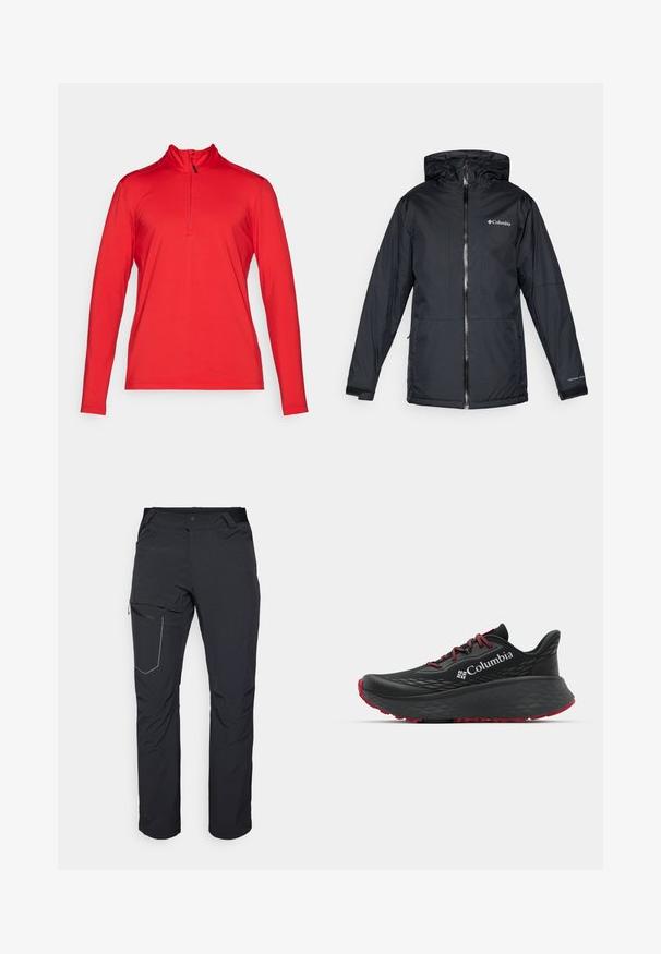 Jachetă cu glugă impermeabilă de la Columbia, de culoare neagră, cu fermoar frontal, manșete ajustabile și logo pe piept și pe mânecă.; Tricou sport roșu cu mâneci lungi și fermoar până la un sfert, fabricat dintr-un material ușor, având un guler înalt și cusături plate pentru confort.; Pantaloni negri de exterior cu buzunar pe coapsă cu fermoar, talie elastică și material neted, rezistent la apă. Design curat, fără logouri vizibile.; Pantofle atletice negre cu superior texturat, șireturi roșii și logo. Talpă groasă cu izolație pentru aderență. Design minimalist, vedere laterală.