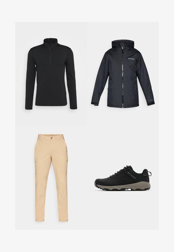 Veste à capuche imperméable noire Columbia avec fermeture éclair sur le devant, poignets ajustables et logo sur la poitrine et la manche.; Pull noir à manches longues avec un col montant et un décolleté zippé. Texture lisse, sans motifs visibles, et design minimaliste.; Pantalons cargo beiges avec fermeture à bouton, coupe slim, poches latérales et tissu en coton mélangé lisse. Aucune motif ni accent visible.; Chaussure de randonnée noire avec une tige lisse, un design perforé, une semelle extérieure grise et un talon renforcé. Comprend des lacets et une languette pour un enfilage facile.