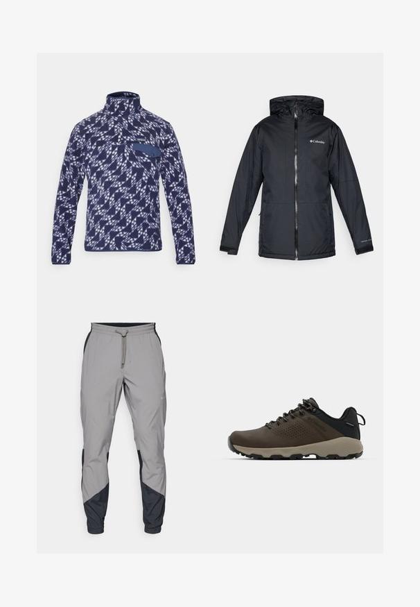 Črna Columbia vodoodporna jakna s kapuco, sprednjim zadrgo, nastavljivimi manšetami ter logotipom na prsih in rokavu.; Patagonia SNAP-T - Pulover iz flisa - new navy; Lahki, sivi atletski hlače z črnimi dodatki. Elastika v pasu, zategovalna vrvica, oblikovana noga in stranske žepe.; Rjave vodoodporne superge z teksturiranim zgornjim delom, perforiranimi detajli, črno podporo za peto in sivo gumijasto podlogo. Šnure imajo metalne konice.