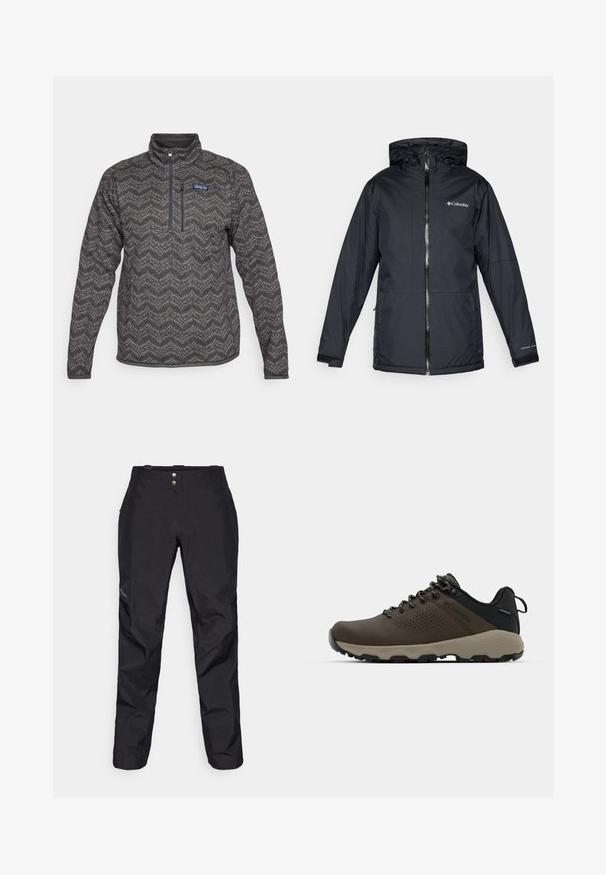 Črna Columbia vodoodporna jakna s kapuco, sprednjim zadrgo, nastavljivimi manšetami ter logotipom na prsih in rokavu.; Patagonia flis pulover v temno sivi barvi z zigzag vzorcem, polovični zadrge spredaj, visokim ovratnikom in žepom na prsih. Teksturovan material s kontrastnim robom.; Črne vodoodbojne hlače z gladko teksturo, ki imajo dva sprednja gumba in zasnovo ožjih nog. Okrašene z logotipom na strani.; Rjave vodoodporne superge z teksturiranim zgornjim delom, perforiranimi detajli, črno podporo za peto in sivo gumijasto podlogo. Šnure imajo metalne konice.
