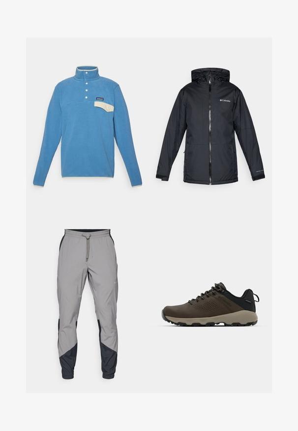 Casaco impermeável com capuz da Columbia, na cor preta, com fecho frontal, punhos ajustáveis e logotipo no peito e na manga.; Pullover de polar em azul com gola alta, bolso de peito em bege claro e três botões brancos. Textura suave, design simples com um rótulo de logotipo.; Calças de treino leves e cinzentas com detalhes pretos. Cintura elástica, fecho com cordão, design de perna afunilada e bolsos laterais.; Ténis impermeáveis castanhos com um upper texturizado, detalhes perfurados, apoio para o calcanhar preto e uma sola de borracha cinza. Os atacadores têm extremidades metálicas.