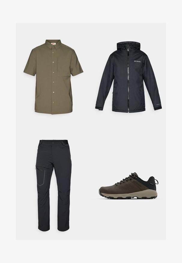 Černá voděodolná kapucová bunda Columbia s předním zipem, nastavitelnými manžetami a logem na prsou a rukávu.; Košile krátkého rukávu olivově zelené barvy z hladkého materiálu, s límečkem na knoflíky, předními knoflíky a kapsou na hrudi.; Černé venkovní kalhoty s kapsou na stehně se zipem, elastickým pasem a hladkým, voděodolným materiálem. Čistý design bez viditelných log.; Hnědé nepromokavé sneakers s texturovaným svrškem, perforovanými detaily, černým oporou paty a šedou gumovou podrážkou. Šňůrky mají kovové konce.