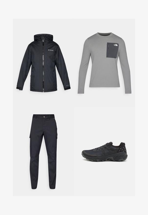 Casaco impermeável com capuz da Columbia, na cor preta, com fecho frontal, punhos ajustáveis e logotipo no peito e na manga.; Camisa de manga longa cinza com tecido texturizado, apresentando um bolso no peito cinza escuro e um fecho em zíper. Logótipo no bolso em branco.; Calças de carga em tecido durável, com fecho de botão, cinco bolsos e pernas ajustadas com uma leve textura.; Sapatos de trail running pretos com um upper em malha texturizada e sola em borracha; as características incluem atacadores, um colarinho acolchoado e detalhes de logotipo.
