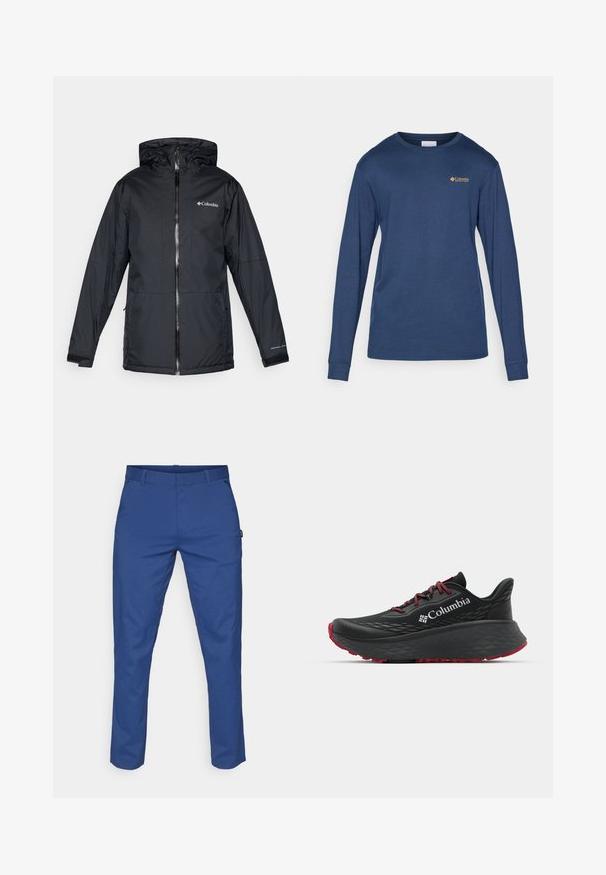Černá voděodolná kapucová bunda Columbia s předním zipem, nastavitelnými manžetami a logem na prsou a rukávu.; Námořnická dlouhá rukávová košile vyrobená z bavlněné směsi. Má kulatý výstřih a malé vyšívané logo na hrudi. Hladká textura.; Modré kalhoty vyrobené z hladké tkaniny, s rovný střih, dvěma bočními kapsami a poutky na opasek. Žádné viditelné vzory nebo kovové detaily.; Černá sportovní bota s texturovaným svrškem, červenými tkaničkami a logem. Silná podrážka s vzorovaným dezénem pro lepší trakci. Minimalistický design, boční pohled.