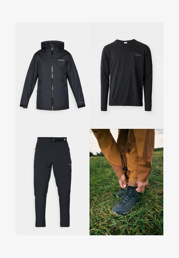 Čierna vodotesná bunda Columbia s kapucňou, predným zipperom, nastaviteľnými manžetami a logom na hrudi a rukáve.; Columbia COLUMBIA TECH™ LONG SLEEVE CREW - Top s dlhým rukávom - black; Columbia ESSENTIAL HIKE™ PANT - Outdoorové nohavice - black; Čierne turistické topánky s textúrovanými vrchmi a šnúrkami, nosené s hnedými nepremokavými nohavicami, položené na zelenej tráve pod zamračenou oblohou.