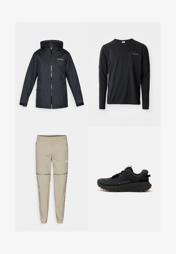 Mustan Columbia-vesitiivis hupullinen takki etuvetoketjulla, säädettävillä hihansuilla ja logolla rinnassa ja hihassa.; Columbia COLUMBIA TECH™ LONG SLEEVE CREW - Pitkähihainen paita - black; Vaatteet ulkona, beige väri, vetskari poistettavissa, kapea malli, pehmeä tekstuuri, sivuilla vetskari-taskut ja hienovarainen logo vasemmalla reidellä.; Musta Columbia urheilukengä, jossa on teksturoitu pinta, pehmustettu kaulus ja kumipohja, jossa on erityinen kuvio pitoa varten.