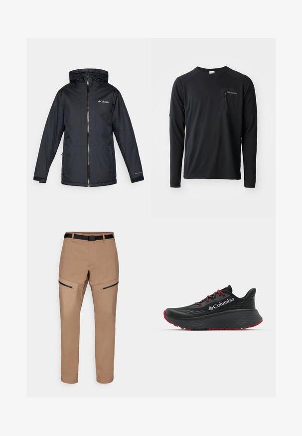 Sort Columbia vandtæt hættejakke med frontlynlås, justerbare manchetter og logo på brystet og ærmet.; Columbia COLUMBIA TECH™ LONG SLEEVE CREW - Langærmet T-shirt - black; Beige vandrestøvler med lige skæring, der har lynlåslukning på sidelommerne, et slidstærkt stof og et sort justerbart bælte i taljen.; Sort atletisk sko med struktureret overdel, røde snørebånd og logo. Tykk sål med mønstret bund for godt greb. Minimalistisk design, set fra siden.
