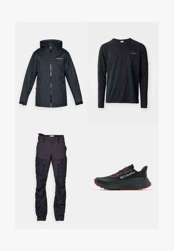 Svart Columbia vattentät jacka med huva, framdragkedja, justerbara ärmslut och logotyp på bröstet och ärmen.; Columbia COLUMBIA TECH™ LONG SLEEVE CREW - Långärmad tröja - black; Svarta cargobyxor med en blandning av slätt och texturerat tyg, som har flera fickor och knappar för stängning, lämpliga för utomhusbruk.; Svart sportskor med strukturerad ovandel, röda snören och logotyp. Tjock sula med mönstrad slitbana för bra grepp. Minimalistisk design, sidovy.