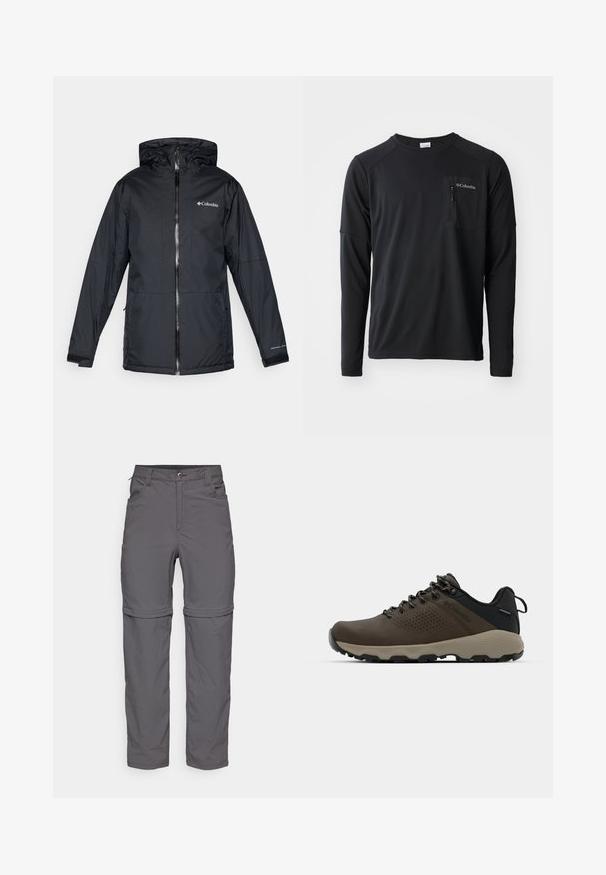 Mustan värvi Columbia veekindel kapuutsiga jakk, millel on esi tõmblukk, reguleeritavad mansetid ning logo rinnal ja varrukal.; Columbia COLUMBIA TECH™ LONG SLEEVE CREW - Pikkade varrukatega topp - black; Halli eemaldatavad püksid sujuva tekstuuriga, varustatud nööbikinnitusega, ees olevate taskutega ja reguleeritavate sääreotstega, et luua mitmekesine stiil.; Kohandatud veekindlad pruunid spordijalatsid tekstuuriga pealisega, perforatsioonidega detailid, must kandetoetav osa ja hall kummine sisetald. Paelad on metallist otstega.