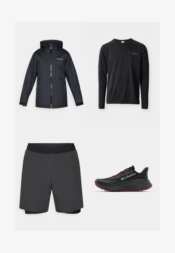 Juodas Columbia vandeniui atsparus jaqueta su kapišonu, priekyje su užtrauktuku, reguliuojamais rankogaliais ir logotipu ant krūtinės bei rankovės.; Columbia COLUMBIA TECH™ LONG SLEEVE CREW - Ilgarankovis viršutinės dalies drabužis - black; Vyriški šortai tamsiai pilki, su juoda elastine juosta ir vidiniu prigludusiu sluoksniu. Lygaus paviršiaus, iki kelių ilgio dizainas.; Juodas sportinis batelis su tekstūruota viršutine dalimi, raudonais raišteliais ir logotipu. Storas padas su raštuotu protektoriu traukai. Minimalistinis dizainas, šoninis vaizdas.
