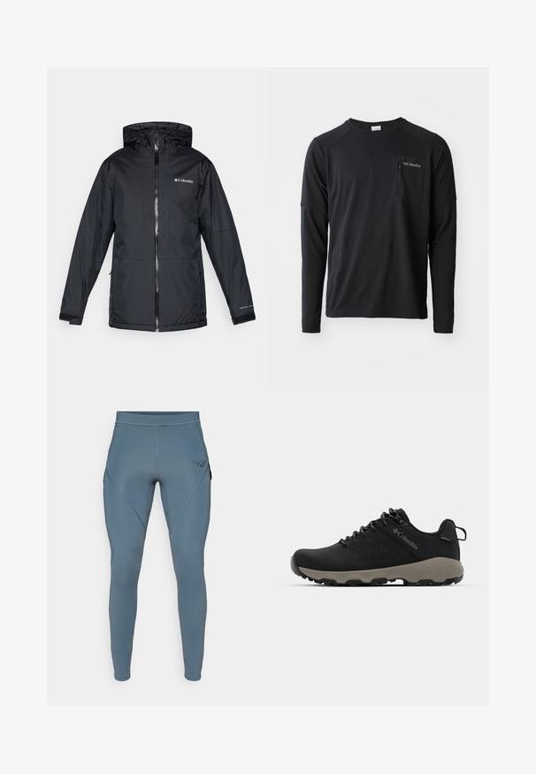 Giacca a vento nera Columbia impermeabile con cerniera anteriore, polsini regolabili e logo sul petto e sulla manica.; Columbia COLUMBIA TECH™ LONG SLEEVE CREW - Maglietta a manica lunga - black; Leggings atletiche blu con una texture liscia, dotati di tasche laterali e un logo nero a contrasto sull'anca. Design aderente.; Scarpa da trekking nera con tomaia liscia, design perforato, suola grigia e tallone rinforzato. Caratterizzata da lacci e un anello per una facile calzata.