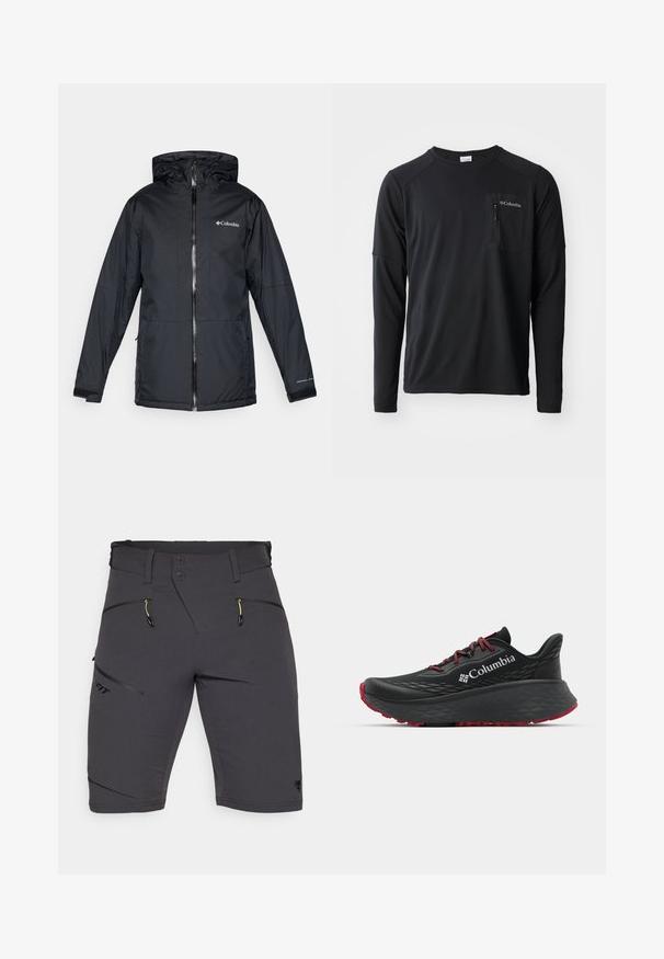 Čierna vodotesná bunda Columbia s kapucňou, predným zipperom, nastaviteľnými manžetami a logom na hrudi a rukáve.; Columbia COLUMBIA TECH™ LONG SLEEVE CREW - Top s dlhým rukávom - black; Dynafit TRANSALPER - Outdoorové šortky - black out; Čierna športová obuv s textúrovaným zvrškom, červenými šnúrkami a logom. Hrubá podrážka s vzorovaným dezénom pre trakciu. Minimalistický dizajn, bočný pohľad.