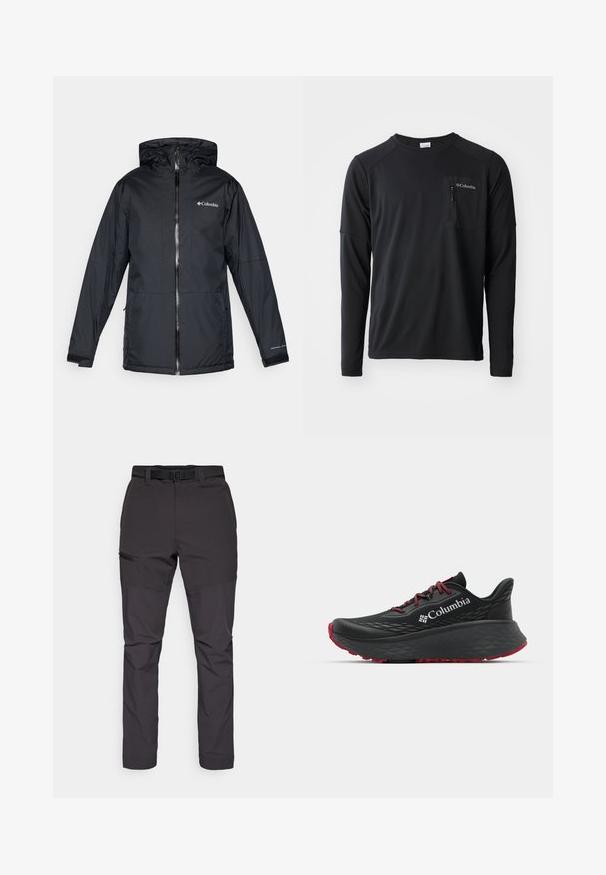 Mustan värvi Columbia veekindel kapuutsiga jakk, millel on esi tõmblukk, reguleeritavad mansetid ning logo rinnal ja varrukal.; Columbia COLUMBIA TECH™ LONG SLEEVE CREW - Pikkade varrukatega topp - black; Tumed hallid, kerged välispüksid, millel on istuv disain, reguleeritav vöökoht ja külgsuunas lukuga tasku. Sile tekstuur, mitmekülgne sobivus.; Mustan värvi spordijalats tekstuuriga pealisega, punaste paelte ja logoga. Paksem tallaga, millel on mustritooted kaheksast edasi liikumiseks. Minimalistlik disain, külgvaade.
