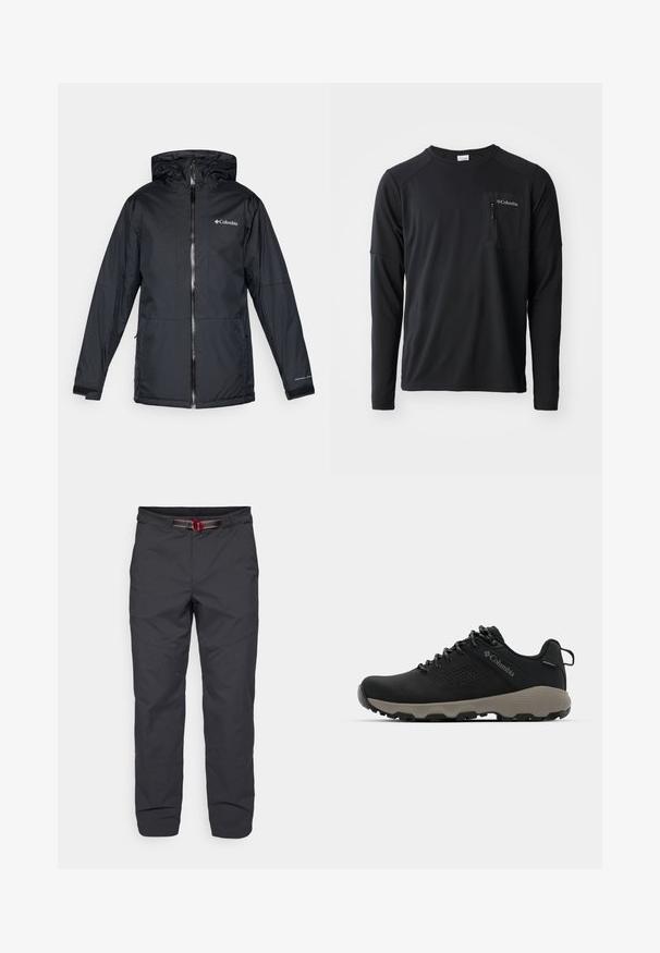 Mustan värvi Columbia veekindel kapuutsiga jakk, millel on esi tõmblukk, reguleeritavad mansetid ning logo rinnal ja varrukal.; Columbia COLUMBIA TECH™ LONG SLEEVE CREW - Pikkade varrukatega topp - black; Klättermusen ASAR PANT - Õuepüksid - black; Mustad matkajalanõud musta ülemise osaga, sileda pinnaga, perforatsiooni disainiga, hallal väljal ja tugevdatud kontsaga. Omab paelu ja tõmbetaba lihtsaks selga panemiseks.