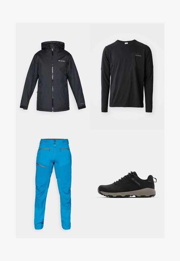 Fekete Columbia vízálló kapucnis dzseki elülső cipzárral, állítható mandzsettával, valamint logóval a mellkason és az ujjon.; Columbia COLUMBIA TECH™ LONG SLEEVE CREW - Hosszú ujjú felső - black; Norrøna FJØRÅ PANTS - Kerékpáros nadrág - mykonos blue; Fekete túrabakancs sima felsőrésszel, perforált dizájnnal, szürke talppal és megerősített sarkal. Fűzővel és húzószalaggal van ellátva a könnyű felvétel érdekében.
