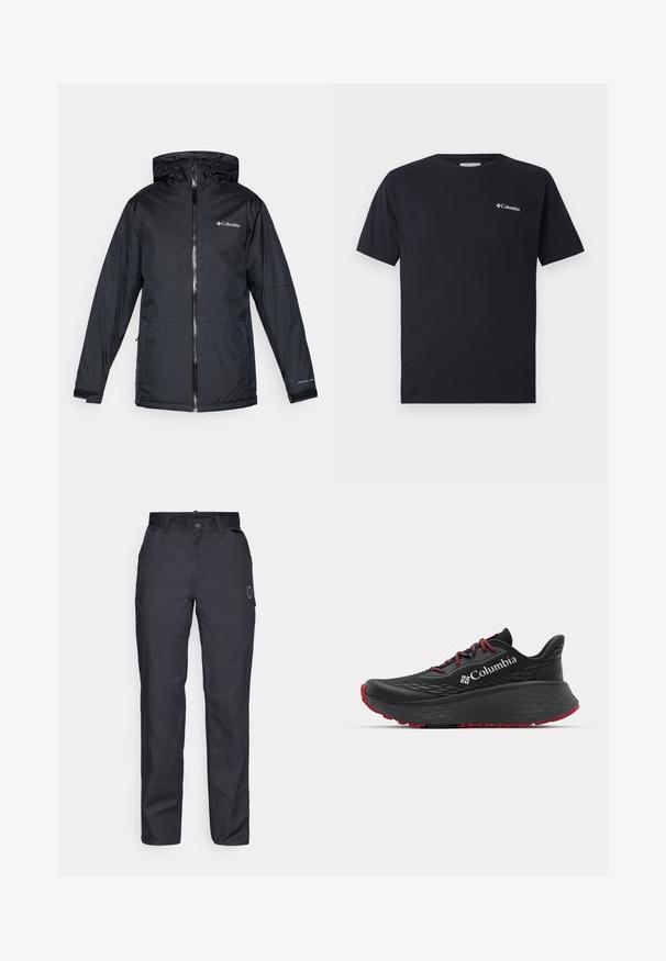 Black Columbia waterproof hooded jacket with front zipper, adjustable cuffs, and logo on chest and sleeve.; Black short-sleeve t-shirt made of cotton, featuring a small white Columbia logo on the left chest area. Classic crew neckline and relaxed fit.; Black trousers made of durable fabric, featuring a straight-leg design, front pockets, and a button closure. Subtle logo on the side.; Black athletic shoe with textured upper, red laces, and logo. Thick sole with patterned tread for traction. Minimalist design, side view.