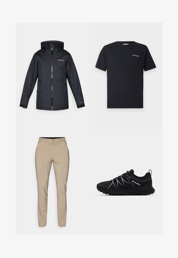 Juodas Columbia vandeniui atsparus jaqueta su kapišonu, priekyje su užtrauktuku, reguliuojamais rankogaliais ir logotipu ant krūtinės bei rankovės.; Juodas trumpas rankovės marškinėliai iš medvilnės, su mažu baltu Columbia logotipu kairėje priekyje. Klasikinis apvalus iškirpimas ir laisvas kirpimas.; Šviesiai rudos kelnes, pagamintas iš lygios medžiagos, su siauros prigludimo forma, vienu mygtuko uždarymu ir šoninėmis kišenėmis, besibaigiantys ties kulkšna.; Juodas sportinis batelis su tekstūruota tinklo viršutine dalimi, atspindinčiais akcentais, storu guminiu padu ir elastinėmis raištelėmis. Columbia logotipas matomas šone.