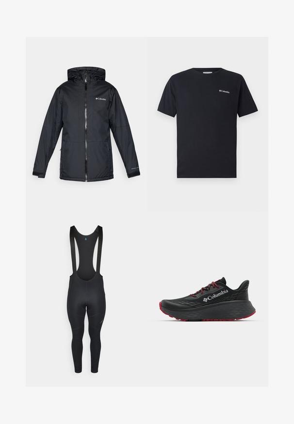 Juodas Columbia vandeniui atsparus jaqueta su kapišonu, priekyje su užtrauktuku, reguliuojamais rankogaliais ir logotipu ant krūtinės bei rankovės.; Juodas trumpas rankovės marškinėliai iš medvilnės, su mažu baltu Columbia logotipu kairėje priekyje. Klasikinis apvalus iškirpimas ir laisvas kirpimas.; Juodos dviračių kelnės su reguliuojamomis petnešomis, be siūlių konstrukcija, paminkštinta sėdimoji zona ir logotipo detalė kairiajame šone. Lygus, elastingas audinys.; Juodas sportinis batelis su tekstūruota viršutine dalimi, raudonais raišteliais ir logotipu. Storas padas su raštuotu protektoriu traukai. Minimalistinis dizainas, šoninis vaizdas.