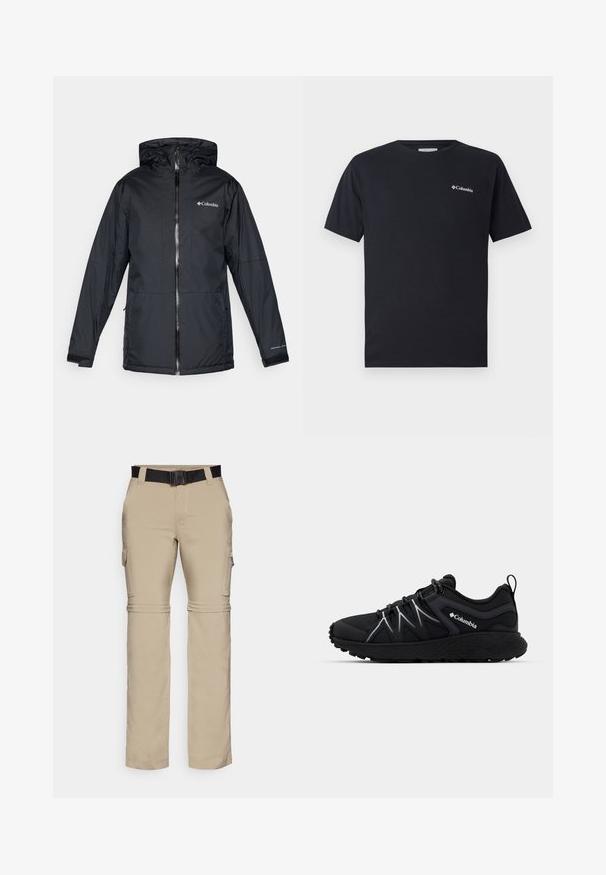 Mustan värvi Columbia veekindel kapuutsiga jakk, millel on esi tõmblukk, reguleeritavad mansetid ning logo rinnal ja varrukal.; Must muströöpide t-särk, mis on valmistatud puuvillast, ning mille vasakul rinnal on väike valge Columbia logo. Klassikaline ümar kaelus ja lõdvestunud lõige.; Beige cargo püksid, millel on eemaldatav osa ja must vöö. Valmistatud kergest materjalist, külgedel on taskud ja sirge lõige.; Musthave mustamine spordijalatsid tekstuurse siledast võrgust pealmise, peegeldavate elementidega, paksu kummist talla ja elastsete paeltega. Columbia logo on külgedel nähtav.
