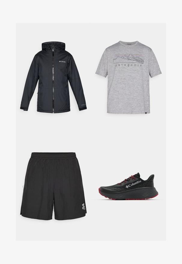 Veste à capuche imperméable noire Columbia avec fermeture éclair sur le devant, poignets ajustables et logo sur la poitrine et la manche.; Patagonia DAILY GRAPHIC SHIRT - T-shirt de sport - feather grey; Shorts noirs à taille élastique avec un petit motif blanc sur le bas du devant, conçus pour un style décontracté ou de sport.; Chaussure de sport noire avec tige texturée, lacets rouges et logo. Semelle épaisse avec motif de la semelle pour une meilleure adhérence. Design minimaliste, vue de côté.