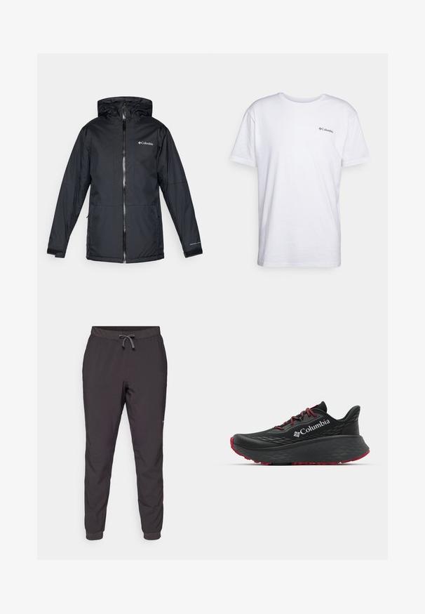 Svart Columbia vanntett hettejakke med frontglidelås, justerbare mansjetter og logo på brystet og ermet.; Hvit bomulls T-skjorte med korte ermer, rund halslinning og en liten svart Columbia-logo trykket på brystet. Glatt tekstur.; Sorte treningsbukser med snøring i livet, elastiske mansjetter, glatt stoff og en side-lomme for bekvemmelighet.; Svart treningssko med teksturert overdel, røde snører og logo. Tykksåle med mønstrede dekk for bedre veigrep. Minimalistisk design, sidevinkel.
