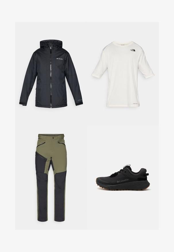 Svart Columbia vattentät jacka med huva, framdragkedja, justerbara ärmslut och logotyp på bröstet och ärmen.; Vit kortärmad t-shirt med rundad halsringning och The North Face-logotyp på vänster bröst samt texten "Lightrange" nära nederkanten.; Olivegrön och svarta utomhusbyxor med dragkedjefickor, smalnande ben och förstärkta paneler för hållbarhet. Tillverkade av ett andningsbart material.; Svart Columbia träningsskor med en texturerad yta, vadderad krage och gummisulor med ett distinkt mönster för grepp.