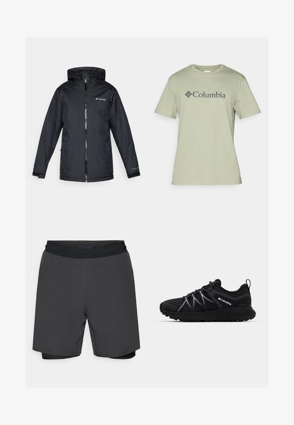 Svart Columbia vattentät jacka med huva, framdragkedja, justerbara ärmslut och logotyp på bröstet och ärmen.; Ljusgrön bomullströja med rund halsringning, korta ärmar och en mörkgrå "Columbia"-logotyp på framsidan. Slät textur.; Mäns shorts i mörkgrått med svart elastisk midjeband och ett innerskikt som passar. Slät textur, knälång design.; Svart träningsskor med texturerat meshövre, reflexaccent, tjock gummisula och elastiska snören. Columbia-logotypen synlig på sidan.