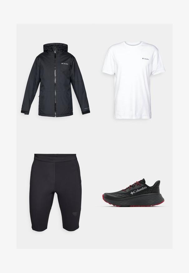 Svart Columbia vattentät jacka med huva, framdragkedja, justerbara ärmslut och logotyp på bröstet och ärmen.; Vit bomull t-shirt med korta ärmar, rund hals, och en liten svart Columbia-logotyp på vänster bröst. Mjuk, enkel design.; Svarta cykelshorts i elastiskt material, med en jämn yta, åtsittande design och en diskret logotyp på underbenet.; Svart sportskor med strukturerad ovandel, röda snören och logotyp. Tjock sula med mönstrad slitbana för bra grepp. Minimalistisk design, sidovy.